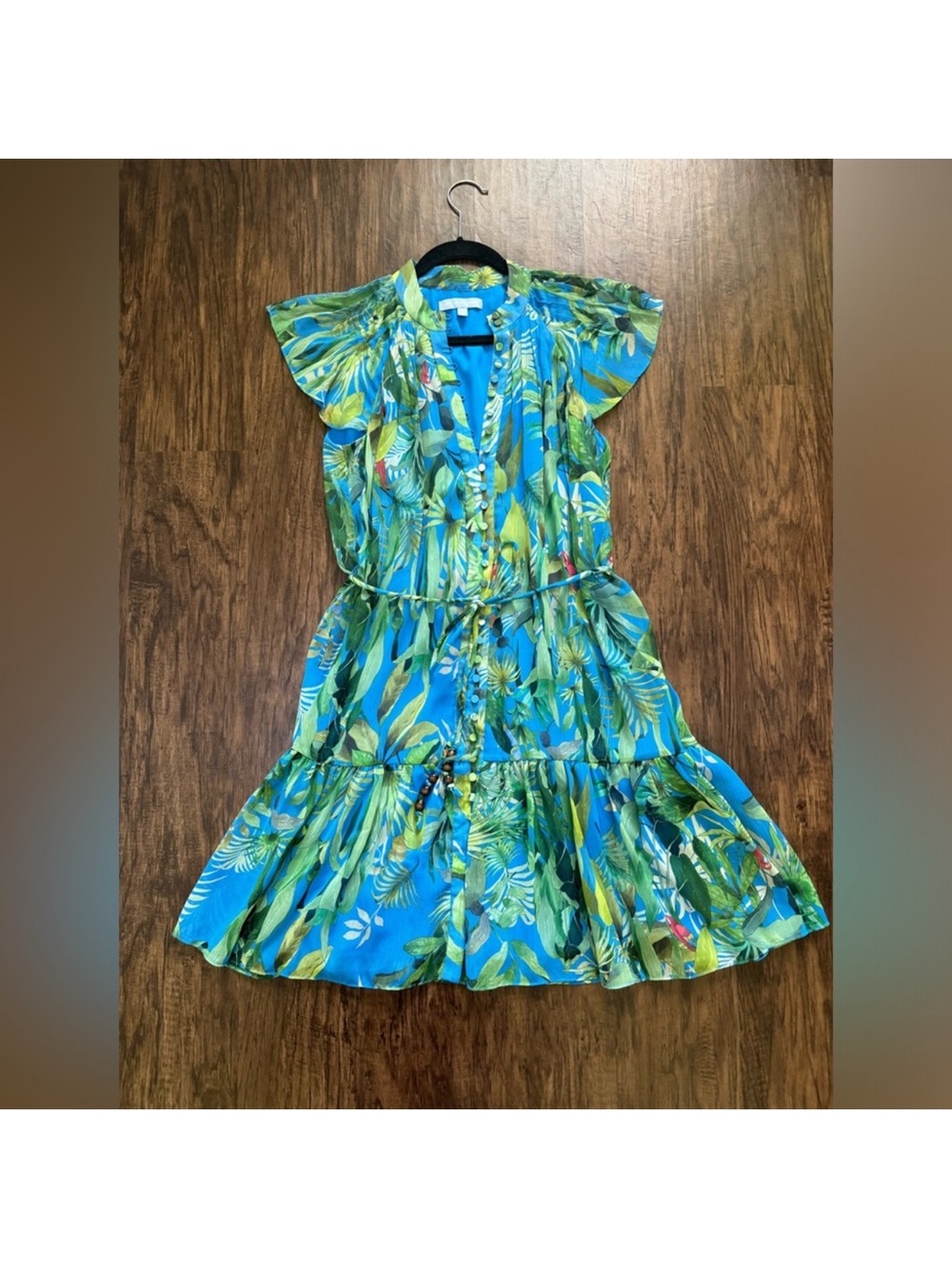 ANTONIO MELANI Blue and Green Tropical Print Tiered Dress - Picture 6 of 11